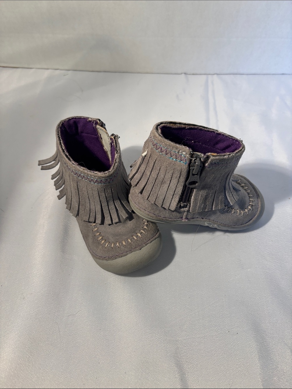 Stride Rite Gray Suede Fringe Moccasins with Purple Lining